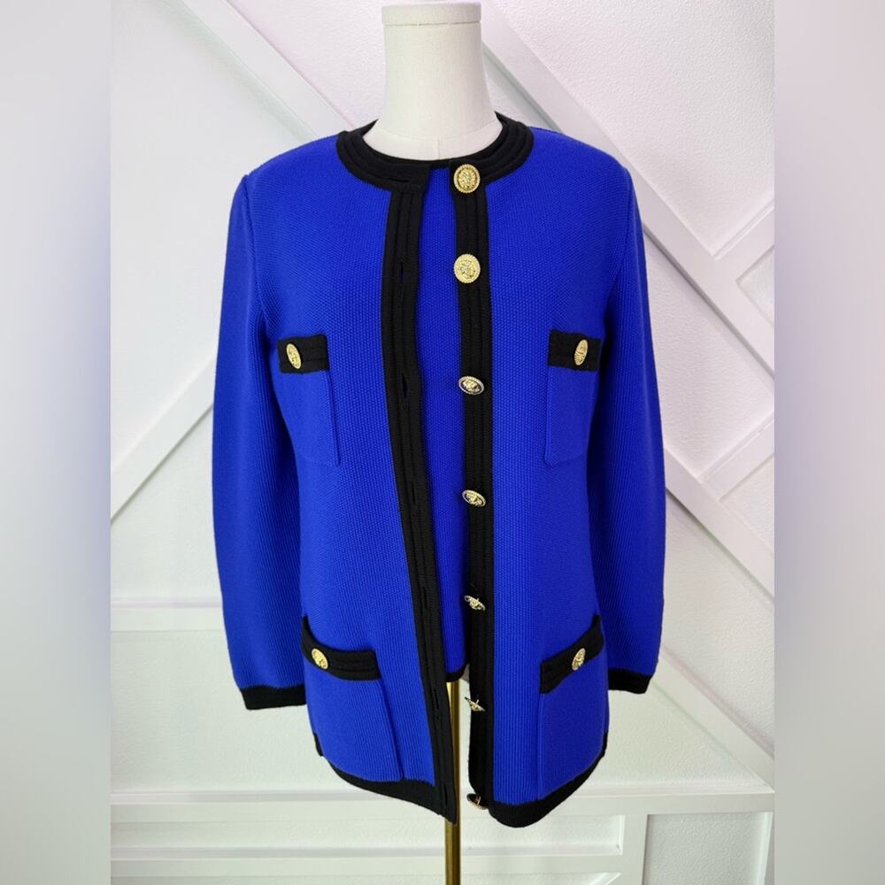 Vintage Worldly Things Styltricot Wool Sweater Jacket Blue Gold Lion Buttons 8 - Picture 1 of 14